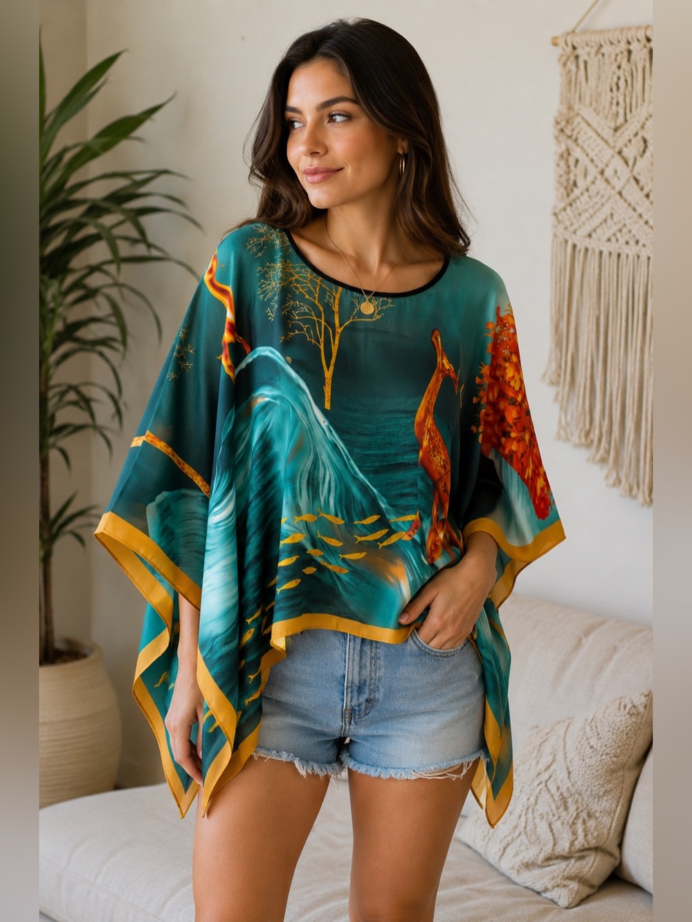 Boho Teal & Gold Printed Flowing Poncho Top